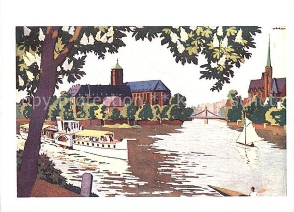 Breslau Niederschlesien Sandinsel Künstlerkarte