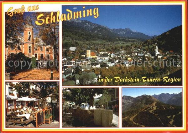 Schladming Obersteiermark Kirche Fussgängerzone Brunnen Panorama