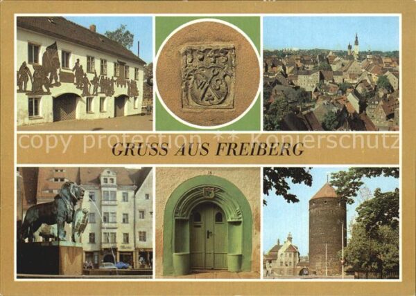 Freiberg Sachsen Donatsturm Löwe mit Stadtwappen Brunnen