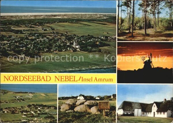 Nebel Amrum Fliegeraufnahme Windmühle Reetdachhäuse