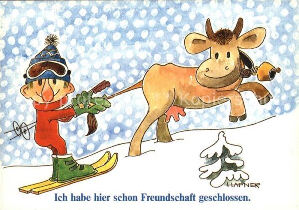 Skifahren Kuh Künstlerkarte Hafner
