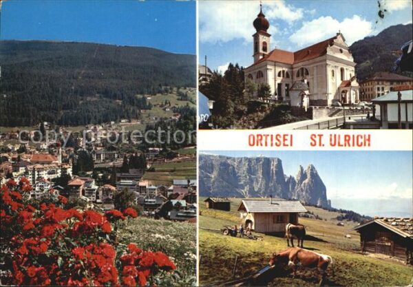 Ortisei St Ulrich Kirche Almhütten Luftbild