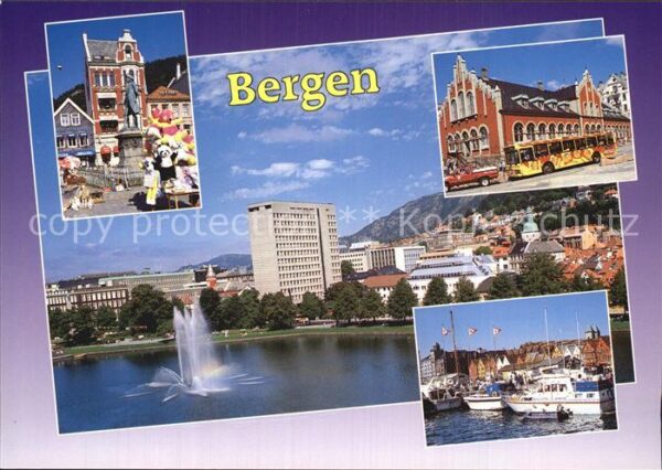Bergen Norwegen Denkmal Gebäude Fontäne Hafen Yachten