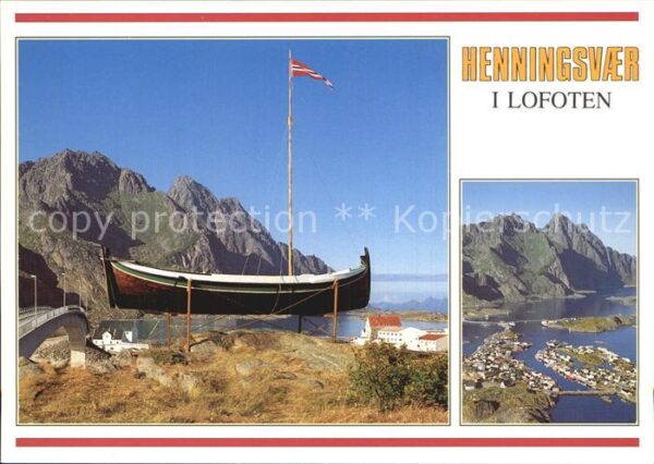 Henningsvaer Boot Flagge Brücke Berge Fliegeraufnahm