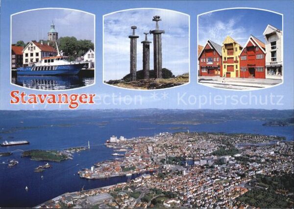 Stavanger Boot Denkmal Häuserpartie Fliegeraufnah