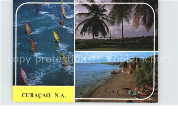 Curacao Niederlaendische Antillen Panorama Strand Küste Palmen Windsurfen