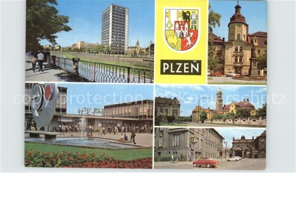 Plzen Pilsen Hochhaus Kirche Platz Wasserspiele Wapp