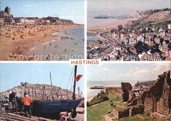 Hastings East Sussex Strand Fischerboot Ruine Teilansicht