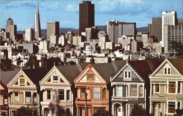 San Francisco California Quaint Victorian homes with Skyline