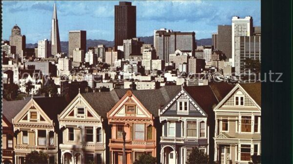 San Francisco California Quaint Victorian Homes with Skyline