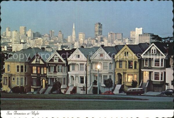 San Francisco California Victorian Houses and Skyline