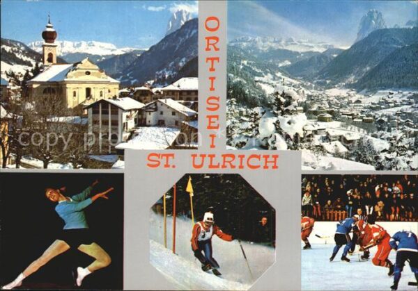 St Ulrich Groeden Tirol Kirche Panorama Tänzer Slalom Eishockey
