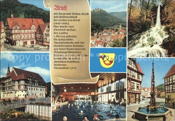 Urach Schwarzwald Brunnen Fachwerkhaus Hallenbad Wasserfa