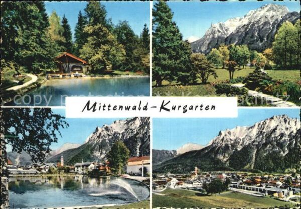Mittenwald Bayern Kurgarten Schwanenteich Fontäne Panoram