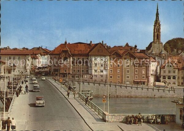 Bad Toelz Isarbrücke mit Marienstift Pfarrkirche