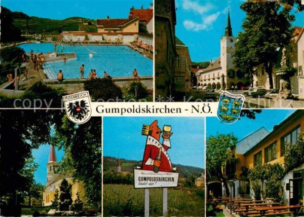Gumpoldskirchen Niederoesterreich Schwimmbad Kirche Wegweiser Terrasse