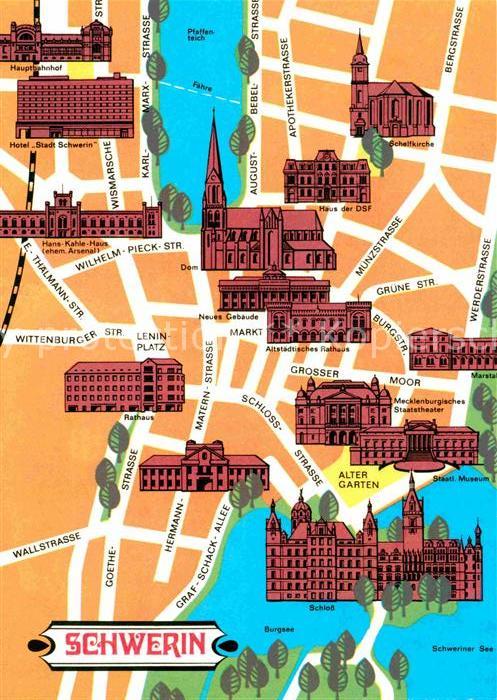 Schwerin Mecklenburg Stadtplan mit Bauwerken und Sehenswürdi