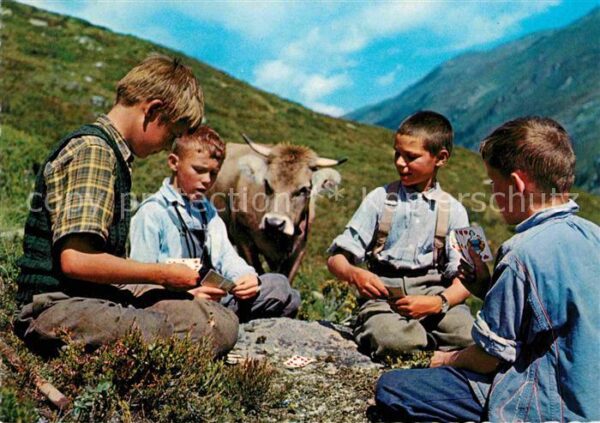 Kartenspiel-Postkarte Jass Hirtenknaben Kuh