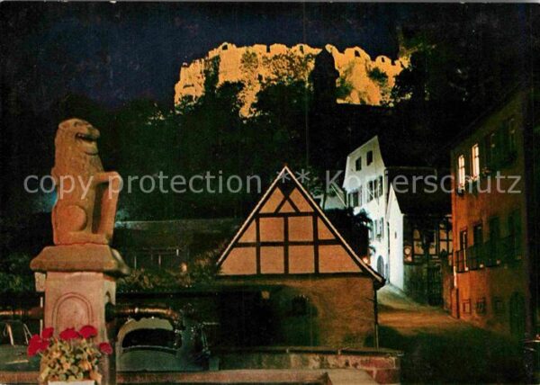 Lindenfels Odenwald Burg beleuchtet Löwenstatue