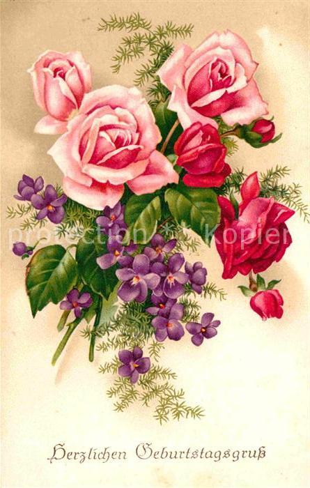 Geburtstag Rosen Veilchen Litho