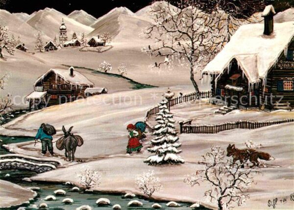 Kuenstlerkarte Sihl Samedan Winterlandschaft Esel Fuch