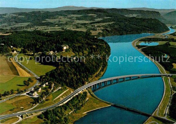 Maria Rain Kaernten Fliegeraufnahme mit Drau Draubrücke und