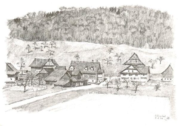 Husertal Hausen Albis ZH Ortsansicht Zeichnung