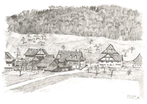 Husertal Hausen Albis ZH Ortsmotiv Zeichnung