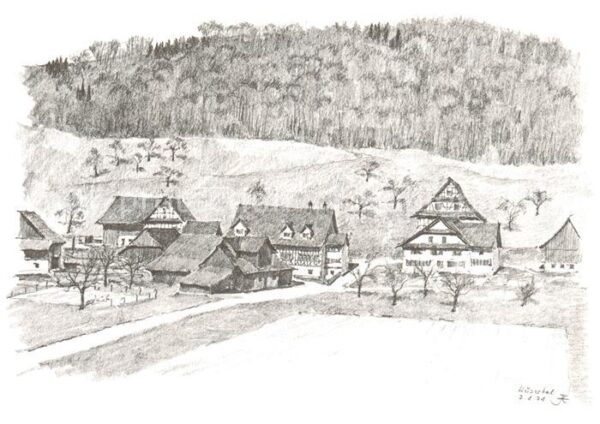 Husertal Hausen Albis ZH Ortsmotiv Zeichnung