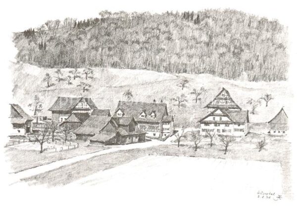 Husertal Hausen Albis ZH Ortsmotiv Zeichnung