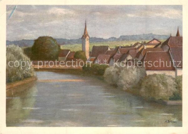 Bueren Aare Partie an der Aare Künstlerkarte