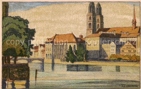 Zuerich ZH Limmatufer Blick zum Münster Künstlerka