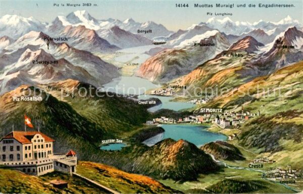 Muottas Muragl Muottas Murail 2453m GR Panoramakarte mit den Engadinerseen und