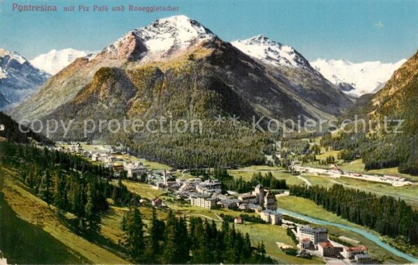 Pontresina mit Piz Palü und Roseggletscher