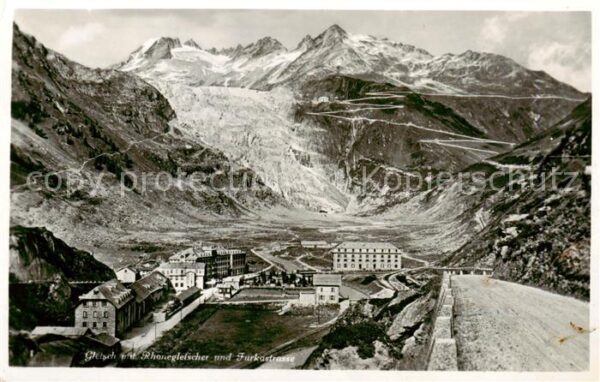 Gletsch 1784m VS mit Rhonegletscher und Furkastrasse