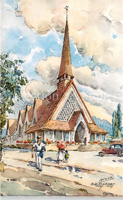 Thonon-les-Bains 74 Haute-Savoie Eglise de Notre Dame du Leman Aquarell