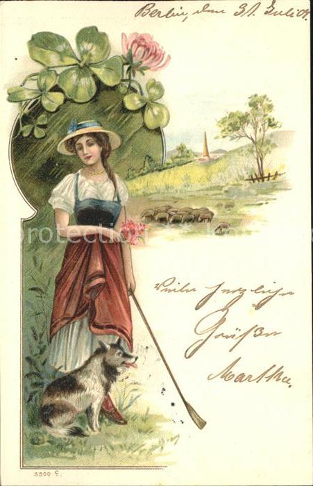 Hirte Hirtin Schafe Hund Kleeblatt Litho