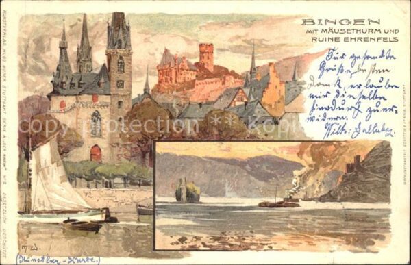 Wielandt Manuel Litho Bingen Mäuseturm Ruine Ehrenfels