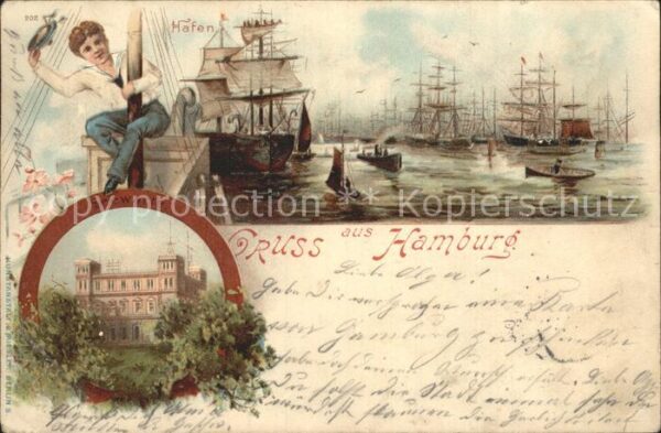 Segelschiffe Hamburg Hafen Seewarte Litho