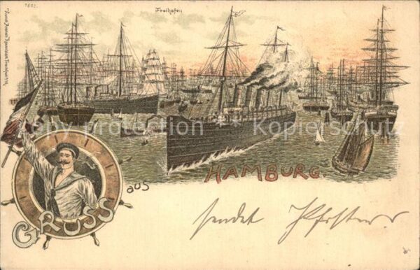 Segelschiffe Hamburg Freihafen Matrose Litho