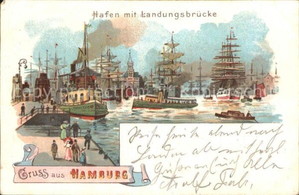 Segelschiffe Hamburg Hafen Landungsbrücke Litho