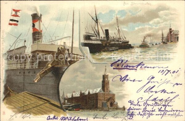 Dampfer Oceanliner Hamburg Strandhafen Litho