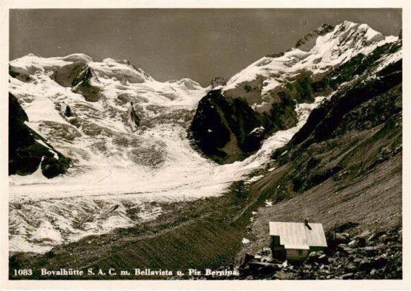 Bovalhuette SAC 2495m Morteratsch GR Berghütte mit Bellavista und Piz Bernin