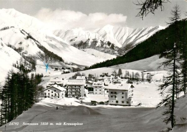 Samnaun Dorf GR Panorama mit Kreuzspitze