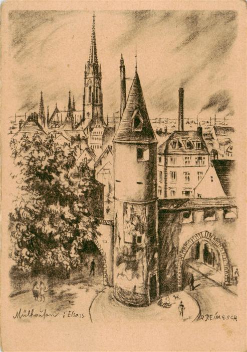 Muelhausen Elsass Sauturm mit protestantischer Kirche Zei
