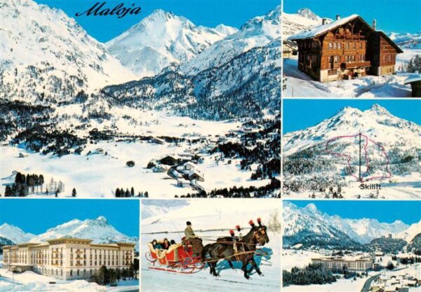 Maloja GR Panorama Hotels Skilift Pferdeschlitten