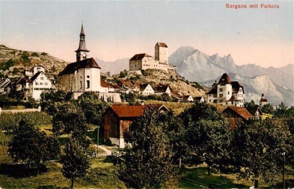 Sargans SG Ansicht mit Kirche Burg Blick gegen Fal