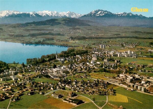 Cham  ZG Fliegeraufnahme mit Zugersee und Alpen
