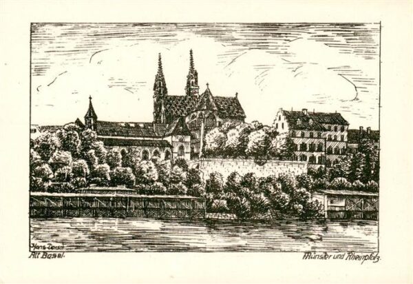 Basel BS Münster und Rheinpfalz Zeichnung
