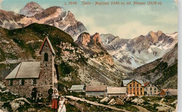 Saentis 2504m AR Panorama mit Kirche Meglisalp und Altma